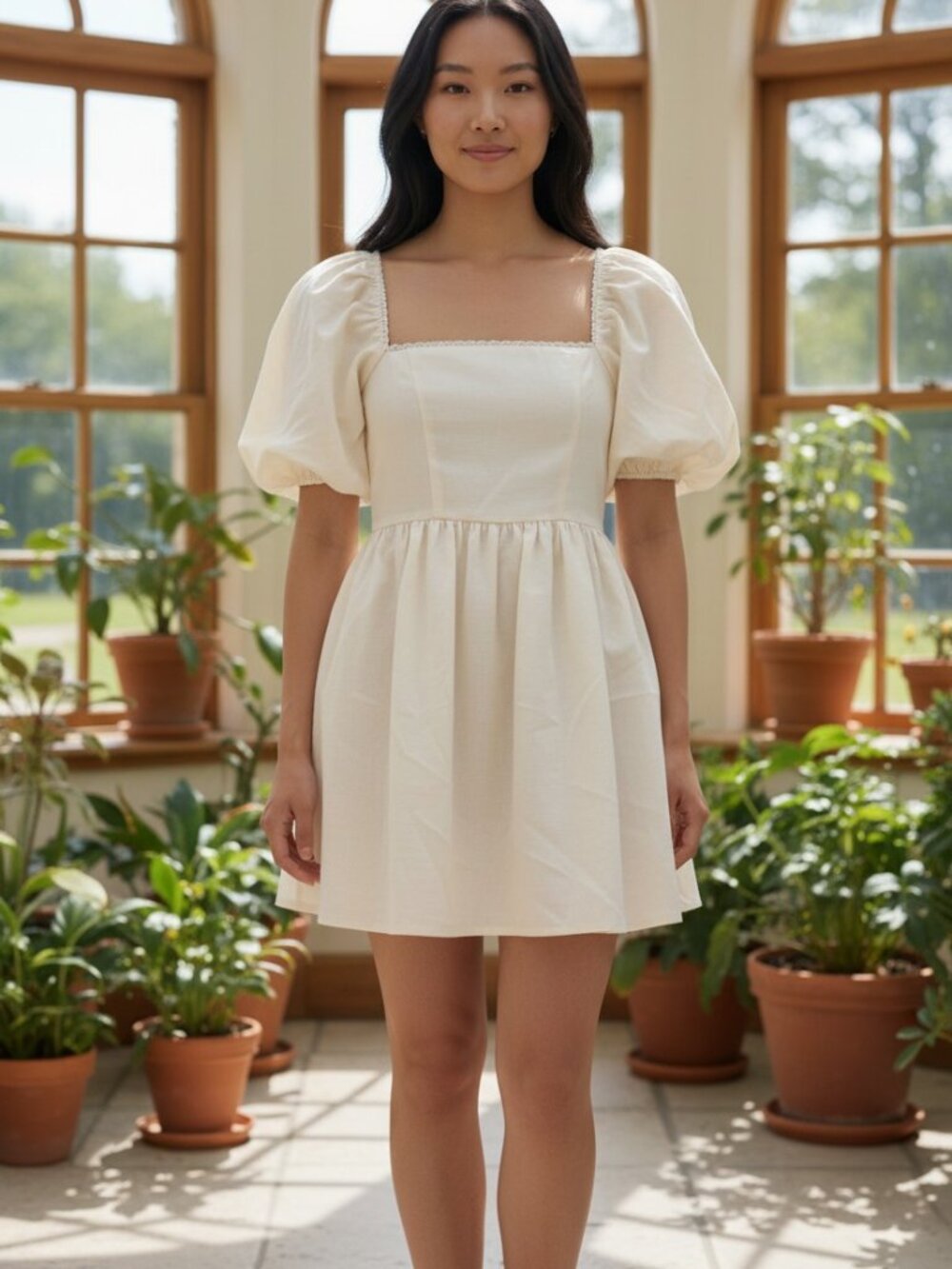 Women's Cream Puff-Sleeve Mini Dress